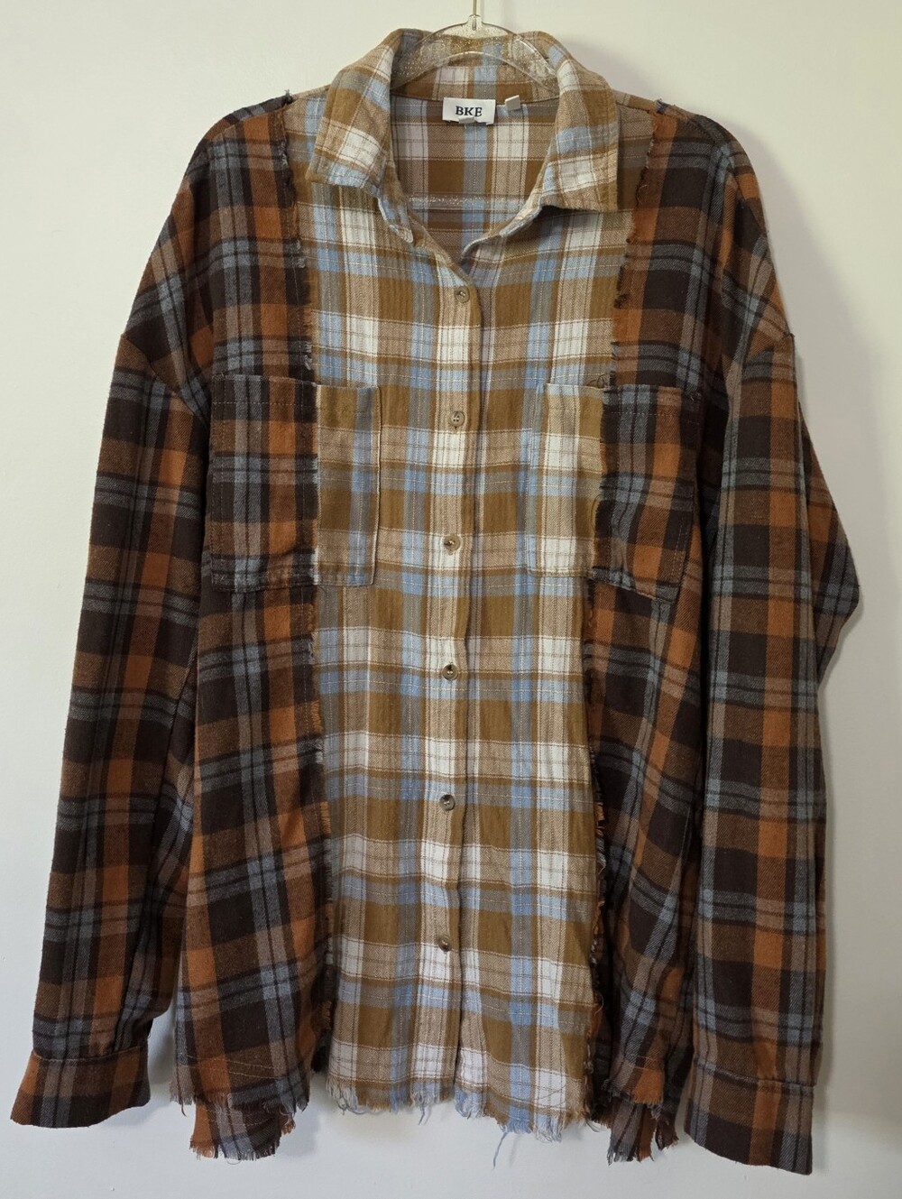 BKE Boyfriend Patchwork Flannel Button Up Grunge Streetwear Western Earthy Large